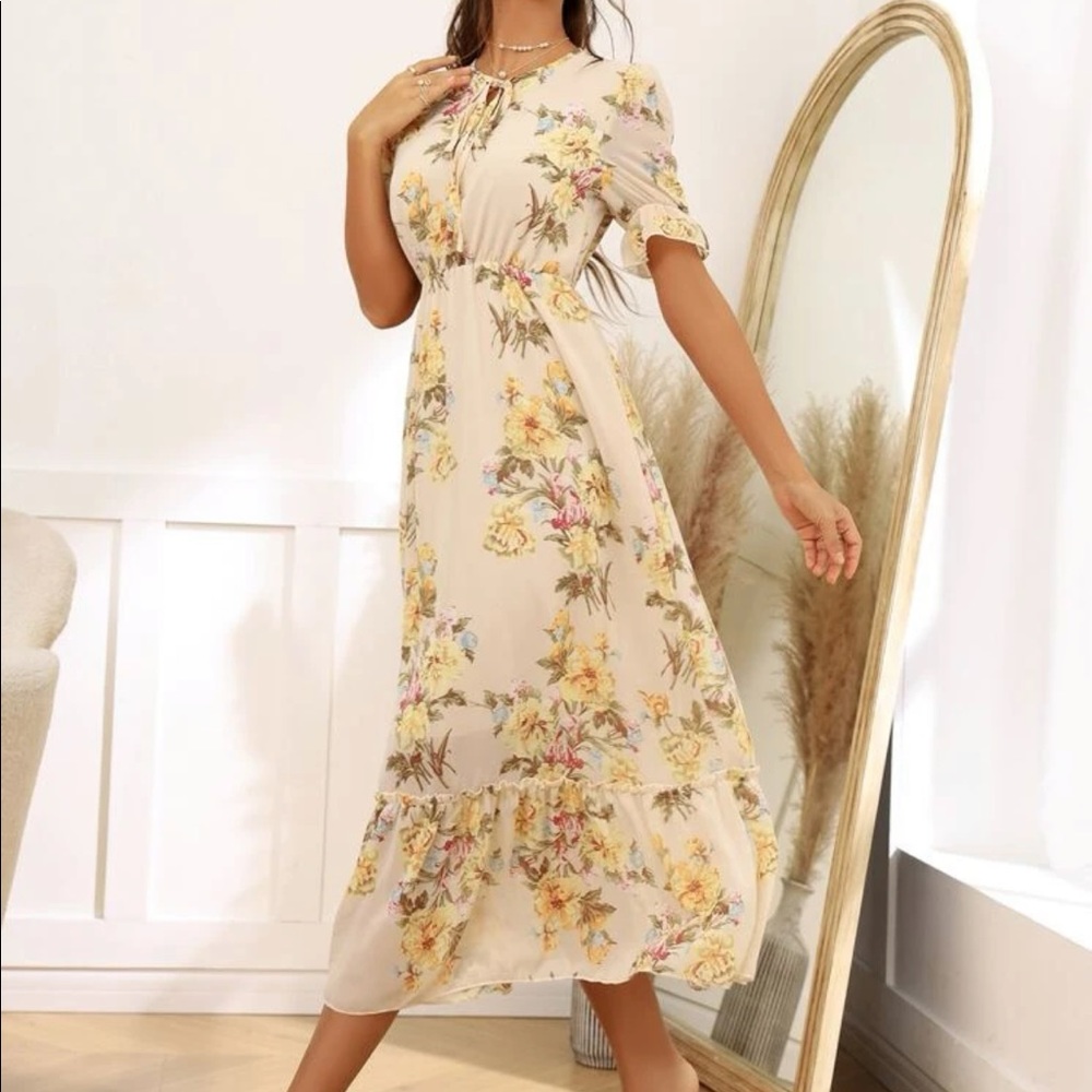 Boho floral print flounce sleeve tie neck maxi dress SOLD OUT - Picture 2 of 6